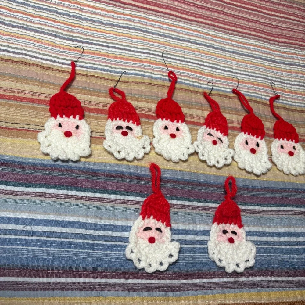 Vintage Handmade Crochet Santa Claus Christmas Ornaments Set of 8 Red White